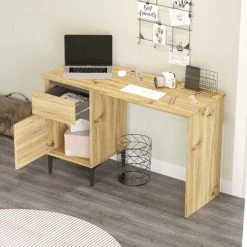 COTECOSY Bureau 1 Porte Et 1 Tiroir Octavia 120cm Bois Clair Et Anthracite - Chêne Clair -France Bureau Soldes 2022 59105277 3