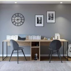 COTECOSY Bureau Double Adelix 240cm Bois Chêne Et Métal Noir - Chêne Clair -France Bureau Soldes 2022 59105898 3