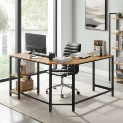 RED DECO Bureau D'Angle HENRY Table Informatique En Forme De L, Table D'étude, Avec étagère De Rangement, Pour Bureau à Domicile, Montage Facile, Style Industriel, Chêne Clair Et Noir -France Bureau Soldes 2022 59252602 3