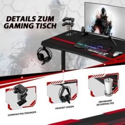 Devoko Bureau Gaiming 140 Cm Bureau Gamer Informatique Table Avec Porte-Boisson Et Porte-Casque Noir -France Bureau Soldes 2022 59657422 3