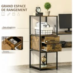 HOMCOM Bureau Informatique Design Industriel Avec Bibliothèque 3 étagères 2 Tiroirs Panneaux Particules Aspect Vieux Bois Métal Noir - Marron -France Bureau Soldes 2022 59671621 4