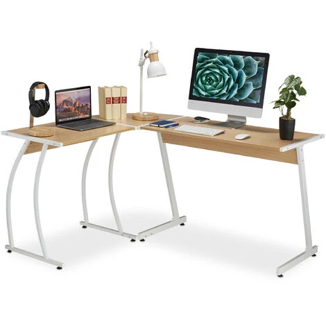 Relaxdays Bureau D'angle Effet Chêne, HxLxP : 73 X 147 X 112 Cm, Pour Travail Et Télétravail, Table En L, Nature/blanc 3 Relaxdays Bureau D'angle Effet Chêne, HxLxP : 73 X 147 X 112 Cm, Pour Travail Et Télétravail, Table En L, Nature/blanc