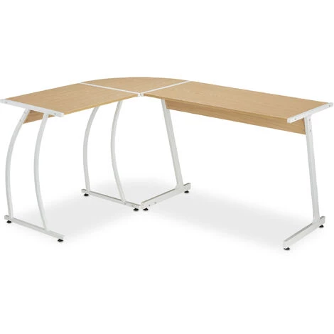 Relaxdays Bureau D'angle Effet Chêne, HxLxP : 73 X 147 X 112 Cm, Pour Travail Et Télétravail, Table En L, Nature/blanc 4 Relaxdays Bureau D'angle Effet Chêne, HxLxP : 73 X 147 X 112 Cm, Pour Travail Et Télétravail, Table En L, Nature/blanc – Image 2
