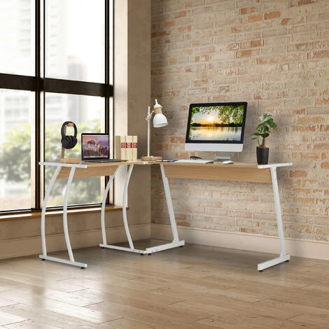 Relaxdays Bureau D'angle Effet Chêne, HxLxP : 73 X 147 X 112 Cm, Pour Travail Et Télétravail, Table En L, Nature/blanc 5 Relaxdays Bureau D'angle Effet Chêne, HxLxP : 73 X 147 X 112 Cm, Pour Travail Et Télétravail, Table En L, Nature/blanc – Image 3