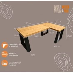 Wood4you Bureau D'angle Vancouver Bois Torréfié 180/120Lx74Px75H Noir -France Bureau Soldes 2022 59962759 4