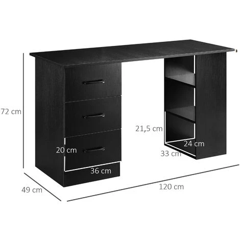 HOMCOM Bureau Informatique Meuble De Bureau 3 Tiroirs Coulissants + 3 étagères Grand Plateau 120L X 49l X 72H Cm MDF Noir - Noir 5 HOMCOM Bureau Informatique Meuble De Bureau 3 Tiroirs Coulissants + 3 étagères Grand Plateau 120L X 49l X 72H Cm MDF Noir - Noir – Image 3