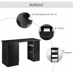 HOMCOM Bureau Informatique Meuble De Bureau 3 Tiroirs Coulissants + 3 étagères Grand Plateau 120L X 49l X 72H Cm MDF Noir - Noir 11 HOMCOM Bureau Informatique Meuble De Bureau 3 Tiroirs Coulissants + 3 étagères Grand Plateau 120L X 49l X 72H Cm MDF Noir - Noir -France Bureau Soldes 2022 60072232 5