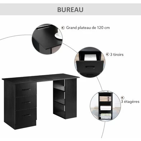 HOMCOM Bureau Informatique Meuble De Bureau 3 Tiroirs Coulissants + 3 étagères Grand Plateau 120L X 49l X 72H Cm MDF Noir - Noir 7 HOMCOM Bureau Informatique Meuble De Bureau 3 Tiroirs Coulissants + 3 étagères Grand Plateau 120L X 49l X 72H Cm MDF Noir - Noir – Image 5