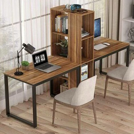 COTECOSY Bureau Double Avec étagères Clovis L240xH142cm Bois Foncé Et Métal Noir - Bois / Noir 4 COTECOSY Bureau Double Avec étagères Clovis L240xH142cm Bois Foncé Et Métal Noir - Bois / Noir – Image 2