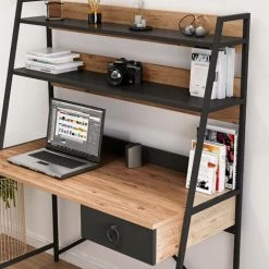 COTECOSY Bureau 2 étagères Mancini L125xH150cm Bois Et Métal Noir Et Chêne Clair - Bois Clair / Noir -France Bureau Soldes 2022 60093501 4