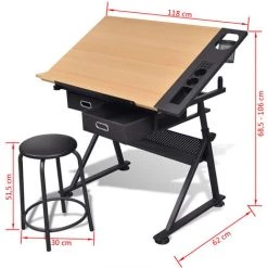 FIMEI Table à Dessin Inclinable 2 Tiroirs Et Tabouret -France Bureau Soldes 2022 60100118 5