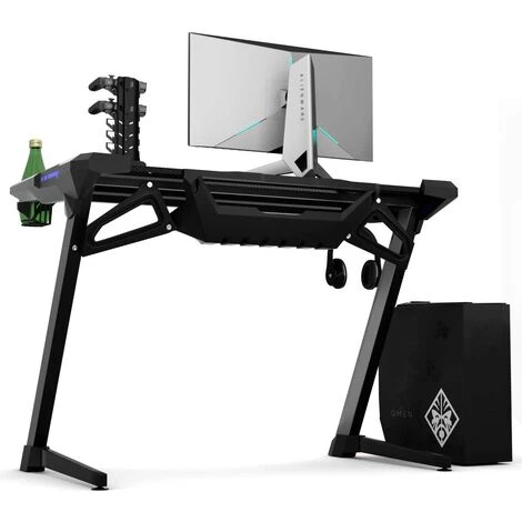 GIANTEX Bureau Gaming Ergonomic, Bureau Gamer Avec Support Pour Manette, Porte-Gobelet Et Casque, 6 Eclairages RVB Et 3 Modes De Flash, Table Bureau Informatique Noir,119,5 X 72,5 X 76 Cm 5 GIANTEX Bureau Gaming Ergonomic, Bureau Gamer Avec Support Pour Manette, Porte-Gobelet Et Casque, 6 Eclairages RVB Et 3 Modes De Flash, Table Bureau Informatique Noir,119,5 X 72,5 X 76 Cm – Image 3