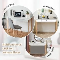 GIANTEX Bureau D'ordinateur Avec 1 Tiroir En Bois, Grand Plateau, Pieds En Bois Massif, Idéal Pour Studio Et Bureau, Style Moderne, 106,5 X 50 X 75,5 Cm (Naturel + Noir) -France Bureau Soldes 2022 60184281 4