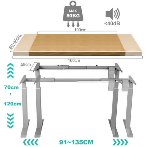 SWANEW Bureau Réglable En Hauteur, Moteur Unique, Fonction Mémoire, Cadre De Bureau Avec Une Charge Maximale De 80 Kg, Gris - Gris 4 SWANEW Bureau Réglable En Hauteur, Moteur Unique, Fonction Mémoire, Cadre De Bureau Avec Une Charge Maximale De 80 Kg, Gris - Gris – Image 2