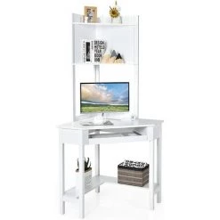 COSTWAY Bureau D'Ordinateur D'angle Avec Niche, Avec Plateau Pour Clavier Et Étagères De Rangement, Bureau Triangulaire Avec Étagères, Pour Espace Limité, Blanc