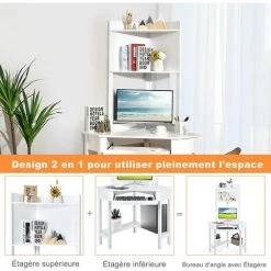 COSTWAY Bureau D'Ordinateur D'angle Avec Niche, Avec Plateau Pour Clavier Et Étagères De Rangement, Bureau Triangulaire Avec Étagères, Pour Espace Limité, Blanc -France Bureau Soldes 2022 61219867 4