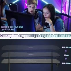 COSTWAY Bureau Gaming Ergonomique Hauteur Réglable Sur 3 Positions Surface En Fibre De Carbone Avec Tapis De Souris Intégral,2 Passe-câbles Et Crochet Pour Casque -France Bureau Soldes 2022 61220013 5