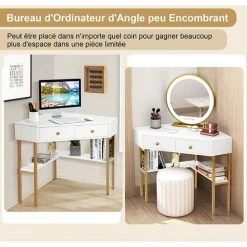 COSTWAY Table Bureau D'Angle Avec 2 Tiroirs/Table Imformatique Pour Ordinateur Avec Etagère De Rangement Blanc -France Bureau Soldes 2022 61220016 4