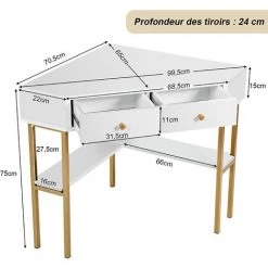 COSTWAY Table Bureau D'Angle Avec 2 Tiroirs/Table Imformatique Pour Ordinateur Avec Etagère De Rangement Blanc -France Bureau Soldes 2022 61220016 5