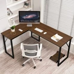 AMZDEAL Bureau Angle Bureau D'Ordinateur Bureau En Forme De L Support PC Bois Et Métal 143 Cm * 110 Cm Pour Travail, Étude Et Védio Gaming -France Bureau Soldes 2022 61353026 3