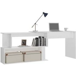FIMEI Bureau D'angle Blanc Brillant 200x50x76 Cm Aggloméré -France Bureau Soldes 2022 61383650 3
