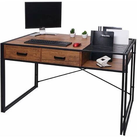 DéCOSHOP26 Bureau Table D'ordinateur Style Industriel Avec Tiroirs De Rangement 76x120x70cm Marron - Marron 4 DéCOSHOP26 Bureau Table D'ordinateur Style Industriel Avec Tiroirs De Rangement 76x120x70cm Marron - Marron – Image 2