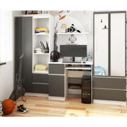 AKORD Bureau Informatique Gauche, Bureau D' Ordinateur, 90 Cm, PIKSEL, Brillant, équipé D'une étagère à Clavier Coulissante Systeme Sans Poignée Blanc / Gris Graphite 3 étagères 1 Tiroirs 1 Portes1 -France Bureau Soldes 2022 63681175 5