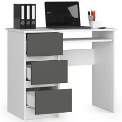 AKORD Bureau Informatique Gauche, Bureau D' Ordinateur, 90 Cm, A-6, Mat, équipé D'une Tablette Coulissante Pour Clavier Systeme Sans Poignée Blanc / Gris Graphite 1 étagères 3 Tiroirs 1 -France Bureau Soldes 2022 63681197 2