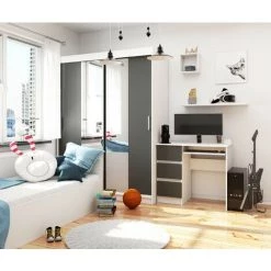 AKORD Bureau Informatique Gauche, Bureau D' Ordinateur, 90 Cm, A-6, Mat, équipé D'une Tablette Coulissante Pour Clavier Systeme Sans Poignée Blanc / Gris Graphite 1 étagères 3 Tiroirs 1 -France Bureau Soldes 2022 63681197 5