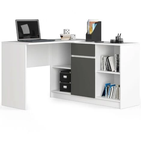 AKORD Ensemble D' Angle, Bureau B17 Avec Commode Blanc 120 Cm (1) Porte (1) Tiroir Gris Graphite Mat, 6 étagères 120x126x79 / 77 Cm 3 AKORD Ensemble D' Angle, Bureau B17 Avec Commode Blanc 120 Cm (1) Porte (1) Tiroir Gris Graphite Mat, 6 étagères 120x126x79 / 77 Cm