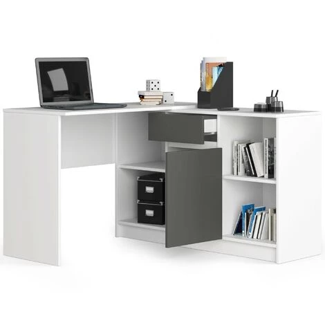 AKORD Ensemble D' Angle, Bureau B17 Avec Commode Blanc 120 Cm (1) Porte (1) Tiroir Gris Graphite Mat, 6 étagères 120x126x79 / 77 Cm 4 AKORD Ensemble D' Angle, Bureau B17 Avec Commode Blanc 120 Cm (1) Porte (1) Tiroir Gris Graphite Mat, 6 étagères 120x126x79 / 77 Cm – Image 2