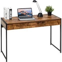 GIANTEX Bureau D'ordinateur Avec 2 Tiroirs, Cadre En Métal, Table De Travail En Bois Avec Repose Pieds Réglables, Station De Travail, 112 X 48 X 76 Cm, Industrielle