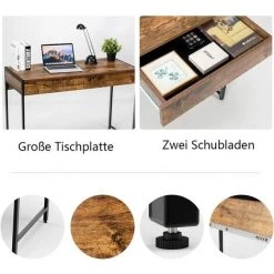 GIANTEX Bureau D'ordinateur Avec 2 Tiroirs, Cadre En Métal, Table De Travail En Bois Avec Repose Pieds Réglables, Station De Travail, 112 X 48 X 76 Cm, Industrielle -France Bureau Soldes 2022 63738401 3