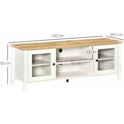 HOMCOM Meuble TV Banc TV Sur Pieds 2 Portes Verre Trempé Avec étagères 2 Niches 2 Passe-fils MDF Aspect Chêne Clair Blanc - Beige -France Bureau Soldes 2022 63842199 3