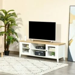 HOMCOM Meuble TV Banc TV Sur Pieds 2 Portes Verre Trempé Avec étagères 2 Niches 2 Passe-fils MDF Aspect Chêne Clair Blanc - Beige -France Bureau Soldes 2022 63842199 4