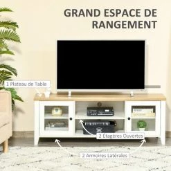 HOMCOM Meuble TV Banc TV Sur Pieds 2 Portes Verre Trempé Avec étagères 2 Niches 2 Passe-fils MDF Aspect Chêne Clair Blanc - Beige -France Bureau Soldes 2022 63842199 5
