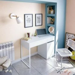 DANSMAMAISON Bureau 1 Porte 1 Tiroir Blanc Bois/Métal - DONCIN - L 108 X L 50 X H 75 Cm - Blanc