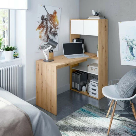 DANSMAMAISON Bureau Modulable Avec étagères Blanc/Chêne - AIKI - Horizontale : L 112 X L 144 X H 72.5 ; Verticale : L 108 X L 70 X H 140 Cm - Bois Clair 5 DANSMAMAISON Bureau Modulable Avec étagères Blanc/Chêne - AIKI - Horizontale : L 112 X L 144 X H 72.5 ; Verticale : L 108 X L 70 X H 140 Cm - Bois Clair – Image 3