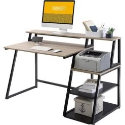 LEISEN Bureau D'Ordinateur Avec Rangement Bois Noir&Chêne Table D'écriture Poste De Travail Pour Bureau Domicile140x60x90cm