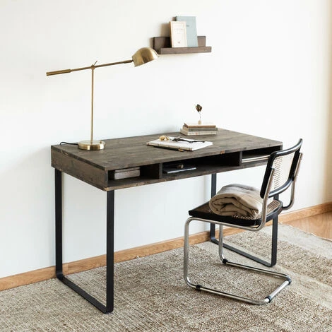 Bureau De Bureau / HANNUN Elma, Bois En Bois Et Fonte, Couleur Nogale - 120 X 60 X 78,6 Cm - 3 Compartiments 4 Bureau De Bureau / HANNUN Elma, Bois En Bois Et Fonte, Couleur Nogale - 120 X 60 X 78,6 Cm - 3 Compartiments – Image 2