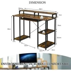 RELAX4LIFE Bureau D'Ordinateur Avec Étagère De Rangement, Poste De Travail Informatique Robuste Avec Cadre En Acier, Pieds Réglables, Bureau Industriel Pour Salon, Bureau, 118X48X87,8 CM -France Bureau Soldes 2022 64129515 5