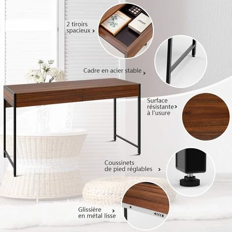 RELAX4LIFE Table Informatique à 2 Tiroirs Avec Cadre En Acier Robuste, Bureau Style Industriel Charge Max. 100kg Pour Bureau, Salon, 112x48x76cm, Café/Noir/Brun (Brun) 5 RELAX4LIFE Table Informatique à 2 Tiroirs Avec Cadre En Acier Robuste, Bureau Style Industriel Charge Max. 100kg Pour Bureau, Salon, 112x48x76cm, Café/Noir/Brun (Brun) – Image 3