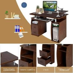 RELAX4LIFE Bureau D'Ordinateur Avec 2 Tiroirs, Tablette Imprimante Et Tablette à Clavier，Bureau Informatique Avec Compartiments De Rangement Pour Bureau, Salon, Étude, 120X55X85CM (Noyer) -France Bureau Soldes 2022 64129856 3