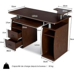 RELAX4LIFE Bureau D'Ordinateur Avec 2 Tiroirs, Tablette Imprimante Et Tablette à Clavier，Bureau Informatique Avec Compartiments De Rangement Pour Bureau, Salon, Étude, 120X55X85CM (Noyer) -France Bureau Soldes 2022 64129856 5
