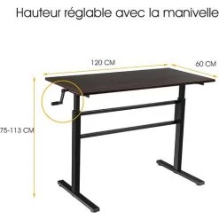 RELAX4LIFE Bureau D’Ordinateur à Hauteur Réglable 75-113CM Avec Manivelle Et Construction Robuste En Acier, Table Assis-Debout Ergonomique Avec Pieds Réglables Pour Maison/Bureau (Noir) -France Bureau Soldes 2022 64129948 4
