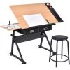 RELAX4LIFE Table à Dessin En MDF Inclinable Avec Tabouret, Bureau à Dessin Et Tabouret à 2 Tiroirs, Hauteur Réglable Pour Peinture, Art, Ecriture