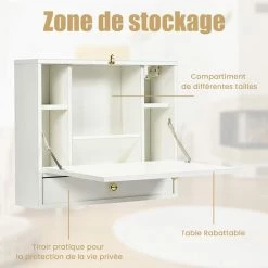 RELAX4LIFE Table Murale Rabattable Avec 4 Compartiments Et 1 Tiroir, Table Murale Pliable Gain De Place Avec Loquet Pour Bureau Maison, Brun/Blanc/Noir(Blanc) -France Bureau Soldes 2022 64130133 3