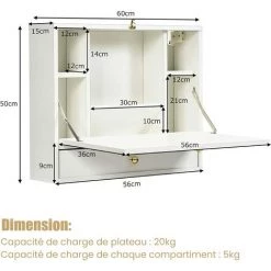 RELAX4LIFE Table Murale Rabattable Avec 4 Compartiments Et 1 Tiroir, Table Murale Pliable Gain De Place Avec Loquet Pour Bureau Maison, Brun/Blanc/Noir(Blanc) -France Bureau Soldes 2022 64130133 5
