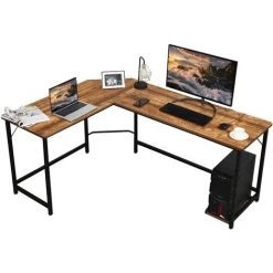 RELAX4LIFE Bureau Informatique D'angle En Forme De L En Bois Et Métal Avec 6 Pieds Réglables，Poste De Travail Avec Support CPU étude Table Pour Maison Et Bureau (Marron)