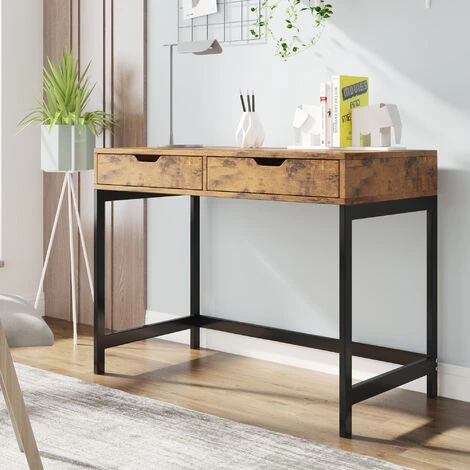MODERNLUXE Table De Bureau D'ordinateur Industriel Avec 2 Tiroirs Table De Travail Bureau à Domicile Marron 3 MODERNLUXE Table De Bureau D'ordinateur Industriel Avec 2 Tiroirs Table De Travail Bureau à Domicile Marron